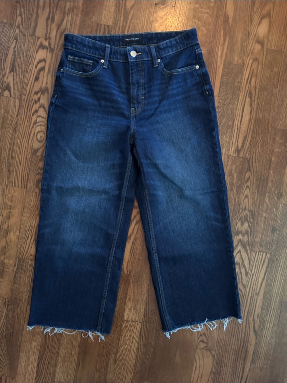 Women's Free Assembly High Rise Dark Blue Cropped Wide-Leg Jeans - Raw Hem 6